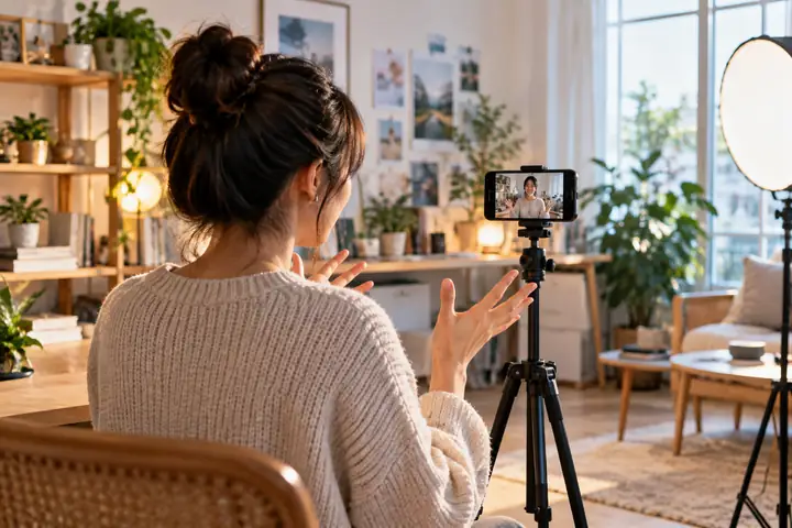 Una persona graba un video personal con un teléfono sobre un trípode en un estudio doméstico luminoso.
