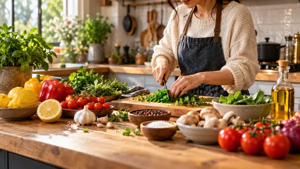 Ingredientes coloridos sobre una encimera de cocina, encuadrados para un tutorial breve de cocina.