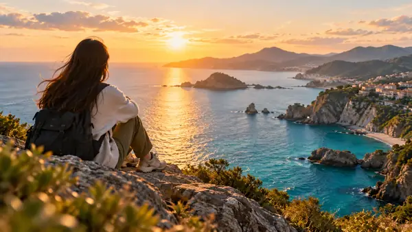 Paisaje costero bañado por el sol, con un ambiente relajado y cinematográfico de video de viajes.