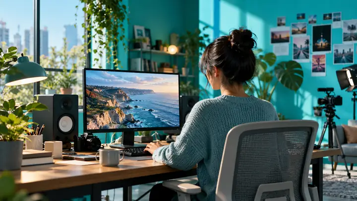 Un creador trabajando en una estación de edición de escritorio dentro de un estudio turquesa brillante, encuadrado como un fotograma de video panorámico y pulido.