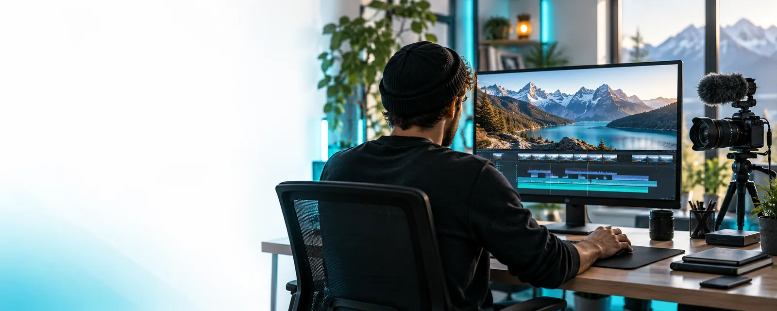 Vrew video editing workspace with transcript and timeline panels