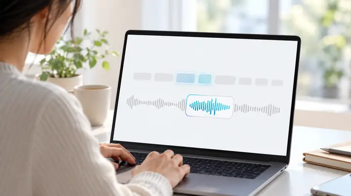 Una interfaz de edición de voz que muestra palabras seleccionadas y una forma de onda de audio resaltada.