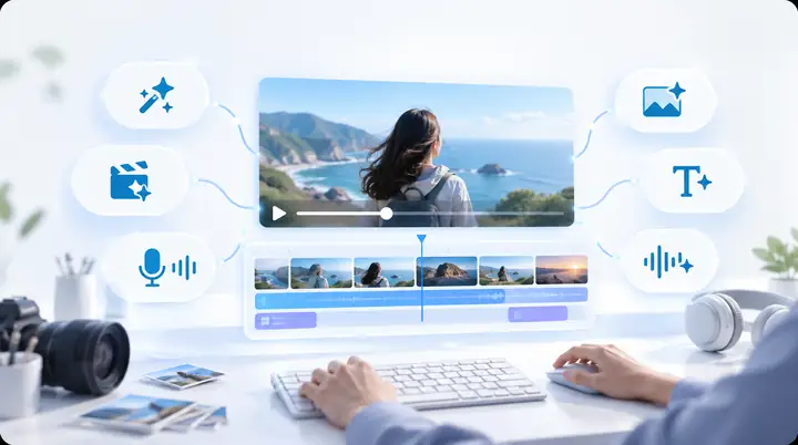 Una interfaz organizada de creación de videos que muestra varias herramientas creativas asistidas por IA.