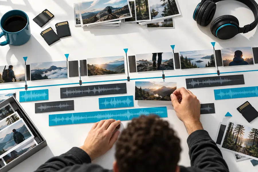 Illustration of video clips arranged for timeline editing